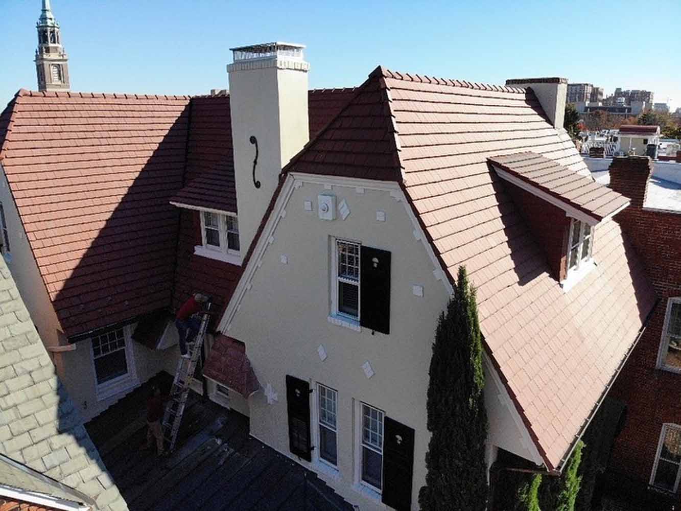 Beautiful and unique Ludowici terracotta roof tiles on a historic Richmond, VA home.