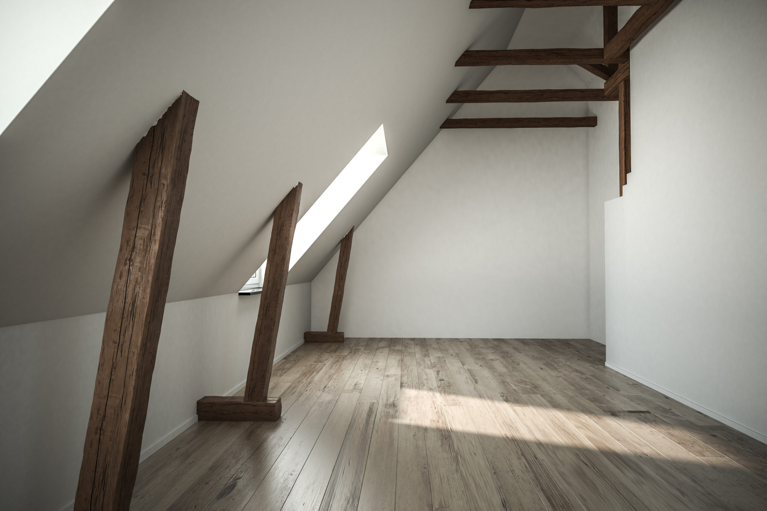 Skylight in the sloped ceiling of a room with wood beams 