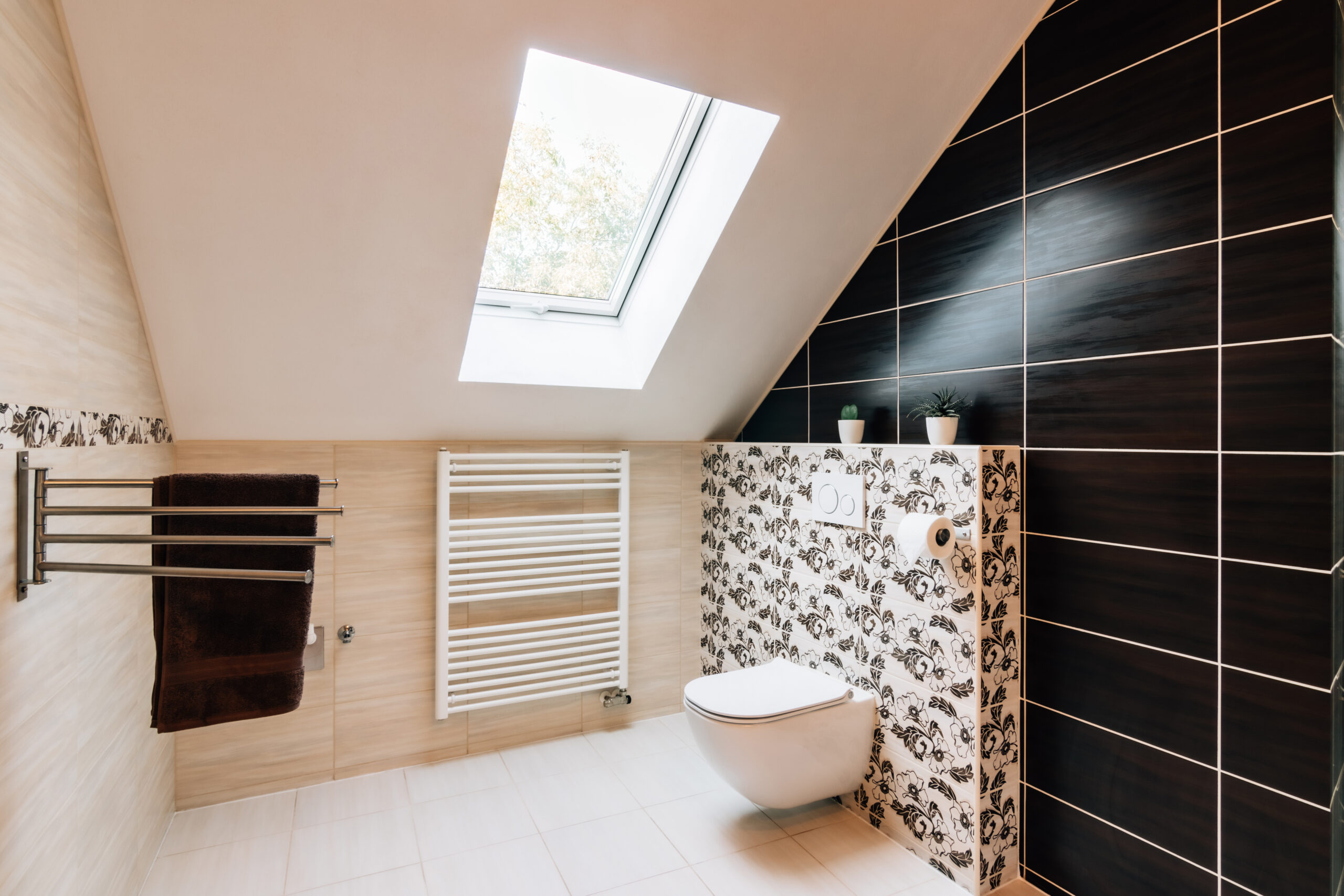 Small attic bathroom with a skylight.