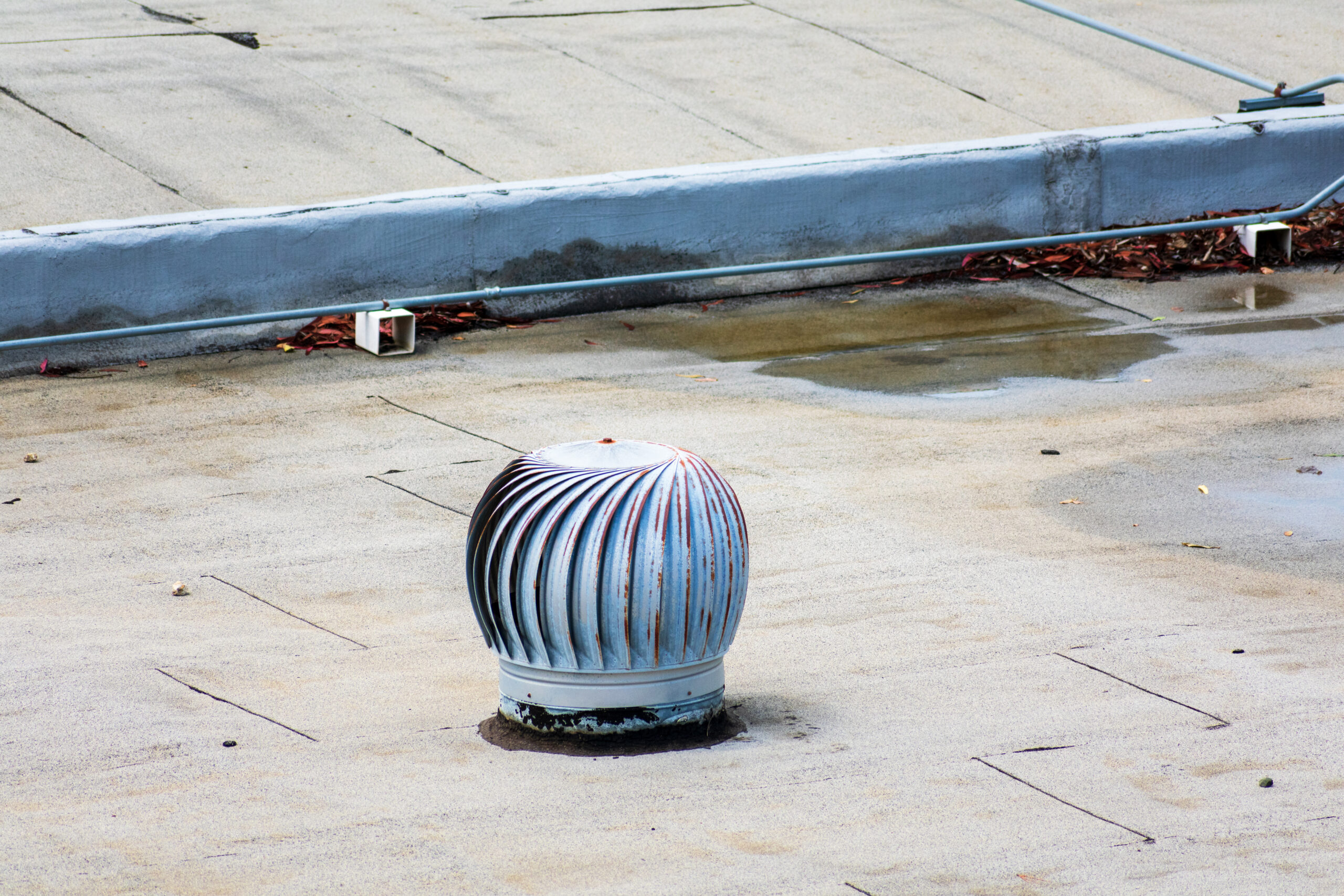 Pooling water and debris on a flat roof behind a turbine vent