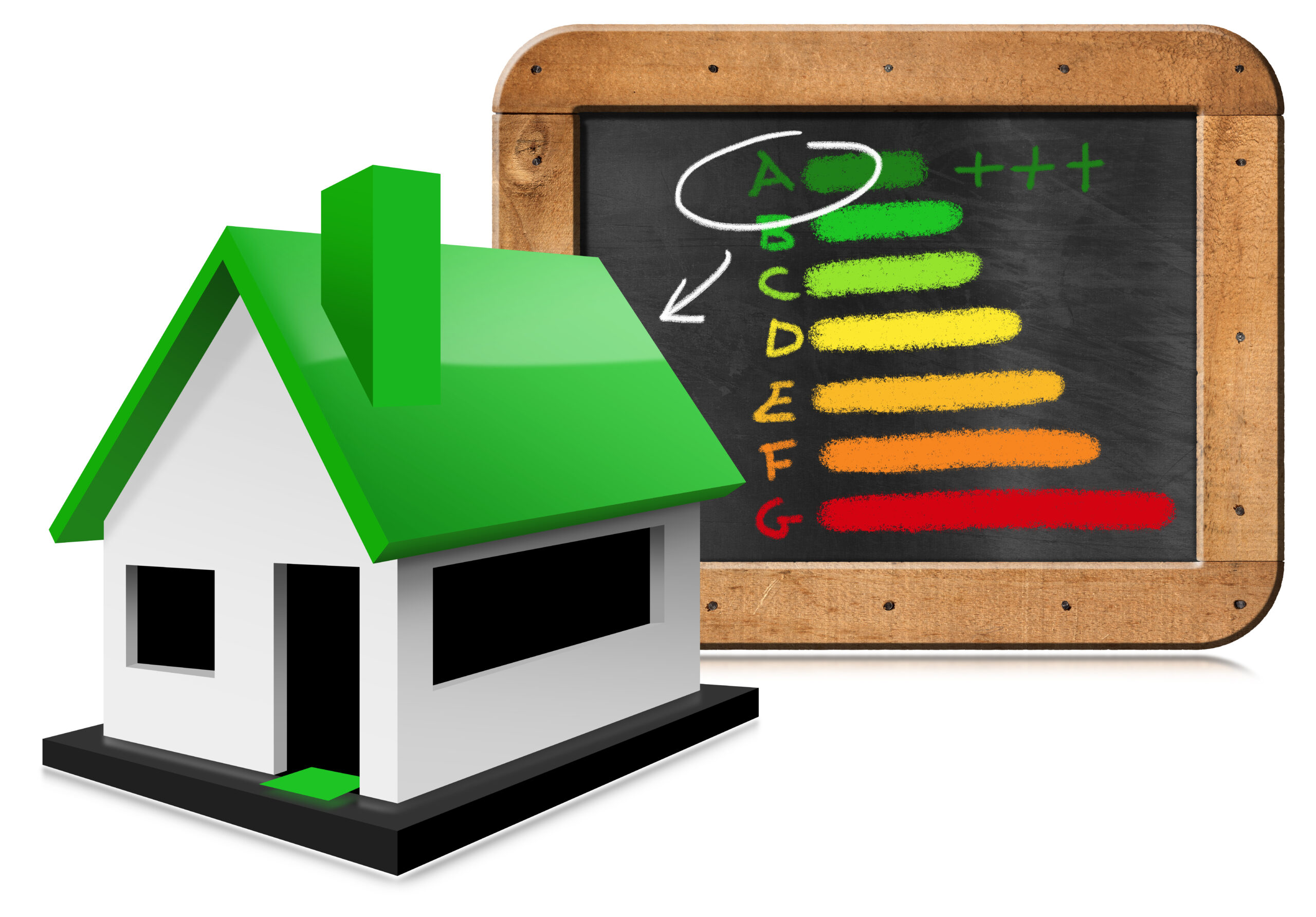 3D illustration of house energy efficiency rating with a chalk drawing of an energy performance chart on a blackboard with wooden frame.