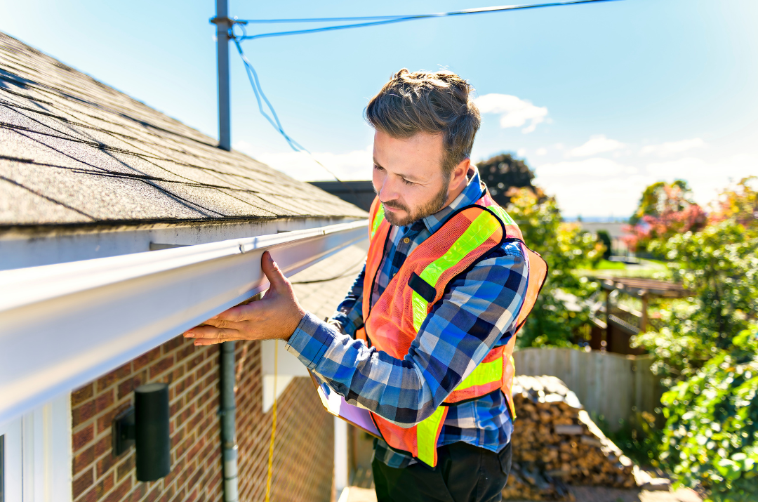 Contractor in a reflective vest and plaid shirt inspecting the gutter on a house roof. 