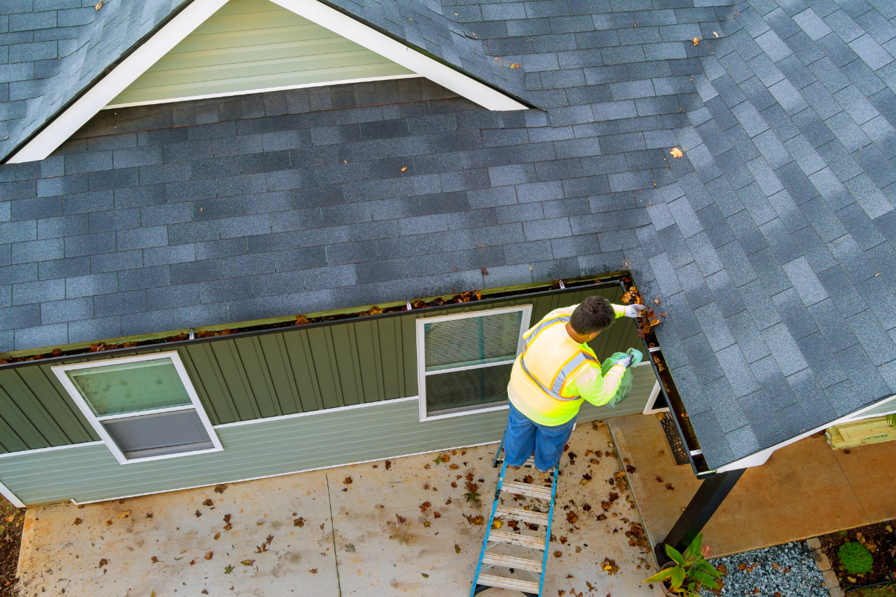 Worker on a ladder cleaning gutters on a residential home with a grey shingled roof. 