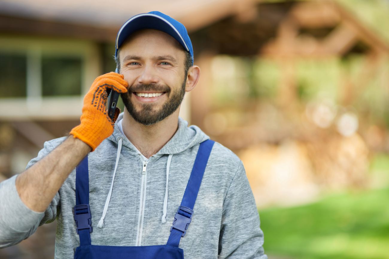 Smiling worker in overalls using a cellphone outdoors.