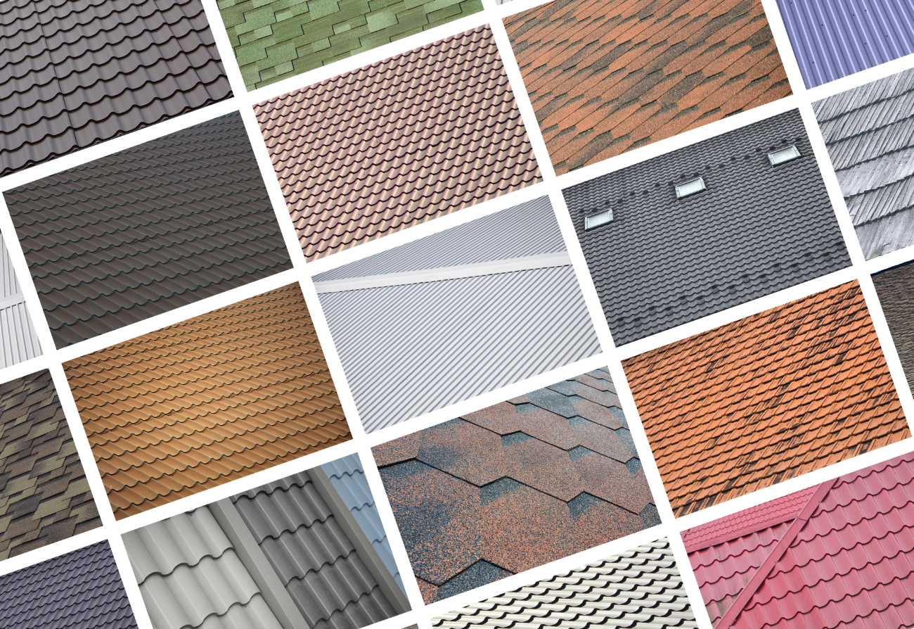 Collage of various roofing materials in different colors and textures, including slate, tile, and metal. 